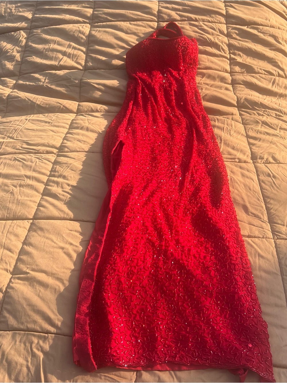 Vtg Andretta Donatello Red Silk Beaded Halter Formal Dress Side Slits Glam